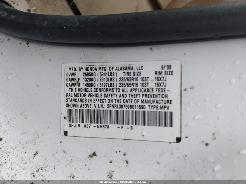 5FNRL38759B011690 2009 HONDA ODYSSEY photo no. 9
