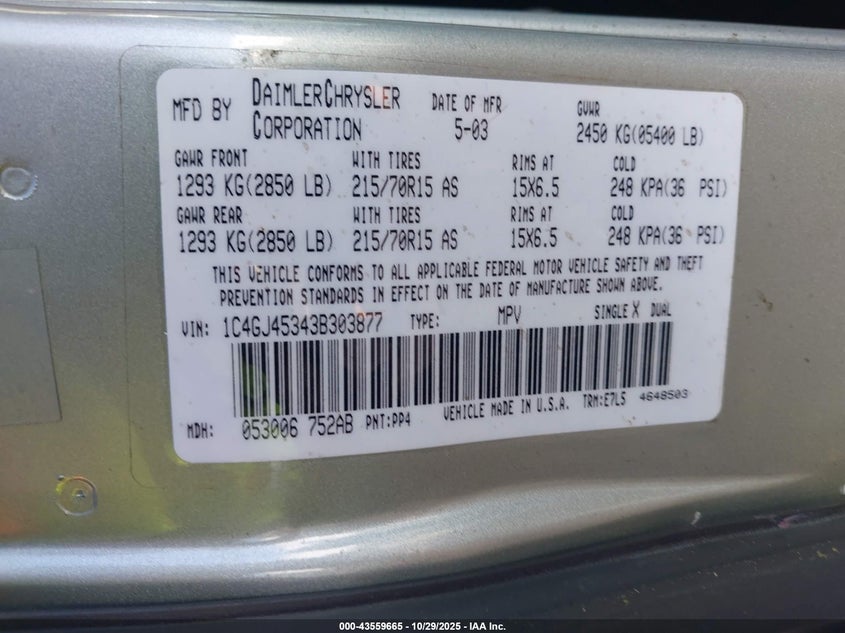 2003 Chrysler Voyager Lx VIN: 1C4GJ45343B303877 Lot: 43559665