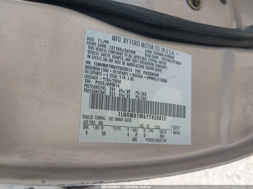 2000 Lincoln Town Car Executive VIN: 1LNHM81W6YY828815 Lot: 43559676