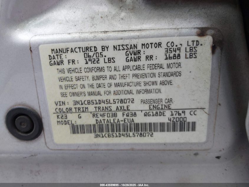 2005 Nissan Sentra 1.8S VIN: 3N1CB51D45L578072 Lot: 43559695