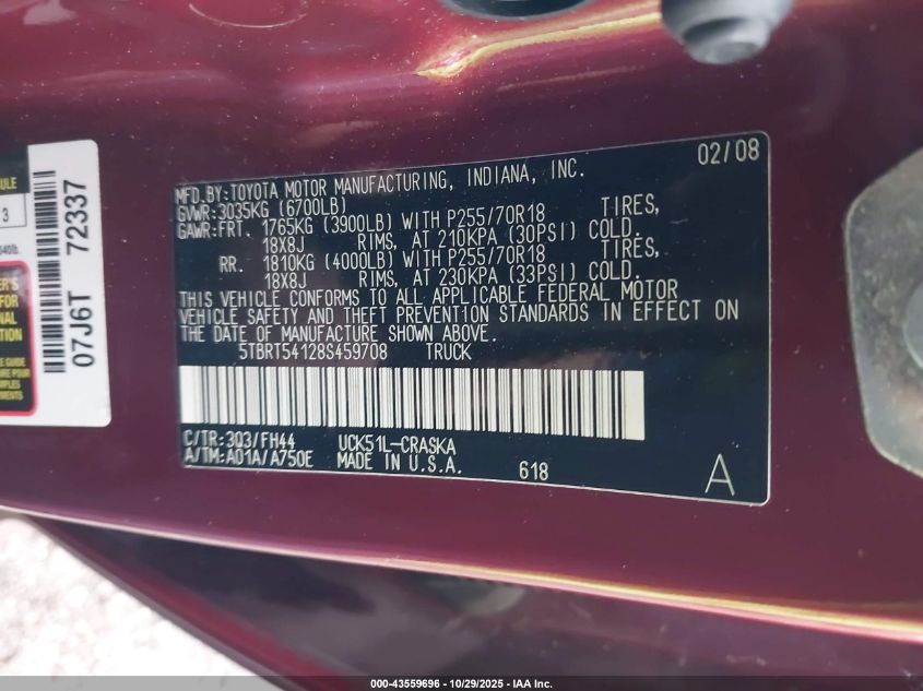 2008 Toyota Tundra Base 4.7L V8 VIN: 5TBRT54128S459708 Lot: 43559696