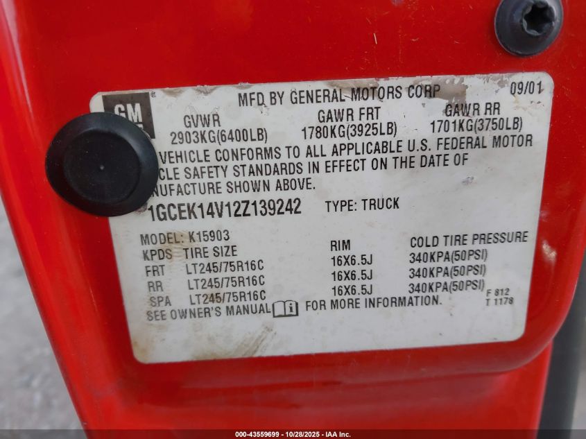 2002 Chevrolet Silverado 1500 VIN: 1GCEK14V12Z139242 Lot: 43559699