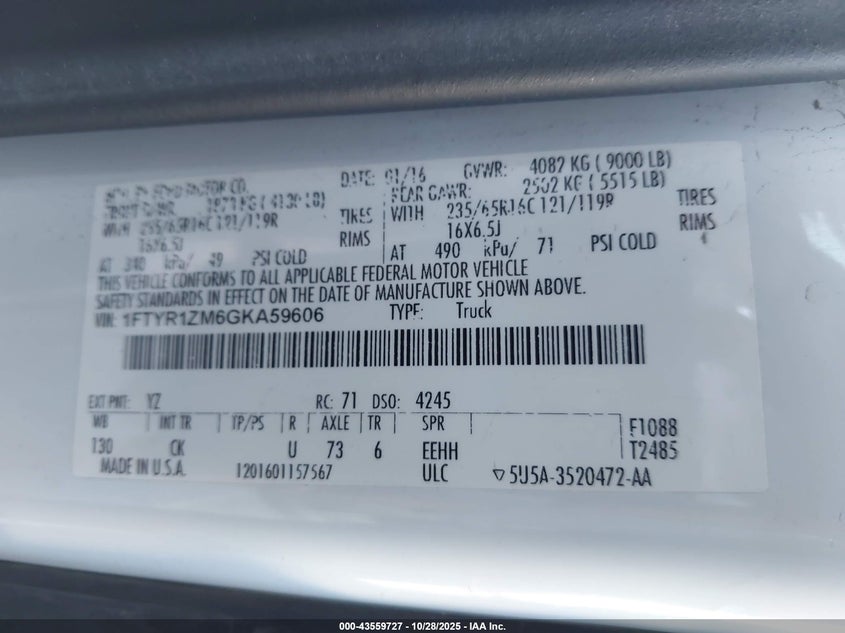 2016 Ford Transit-250 VIN: 1FTYR1ZM6GKA59606 Lot: 43559727