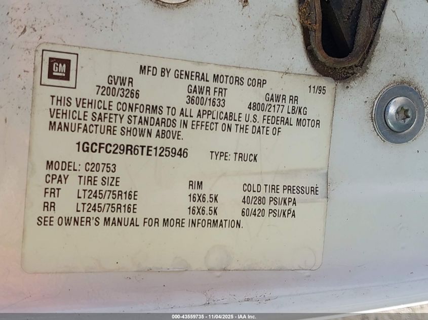 1996 Chevrolet Gmt-400 C2500 VIN: 1GCFC29R6TE125946 Lot: 43559735