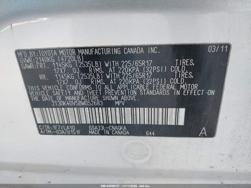 2011 Toyota Rav4 Limited V6 VIN: 2T3DK4DV5BW052683 Lot: 43559737