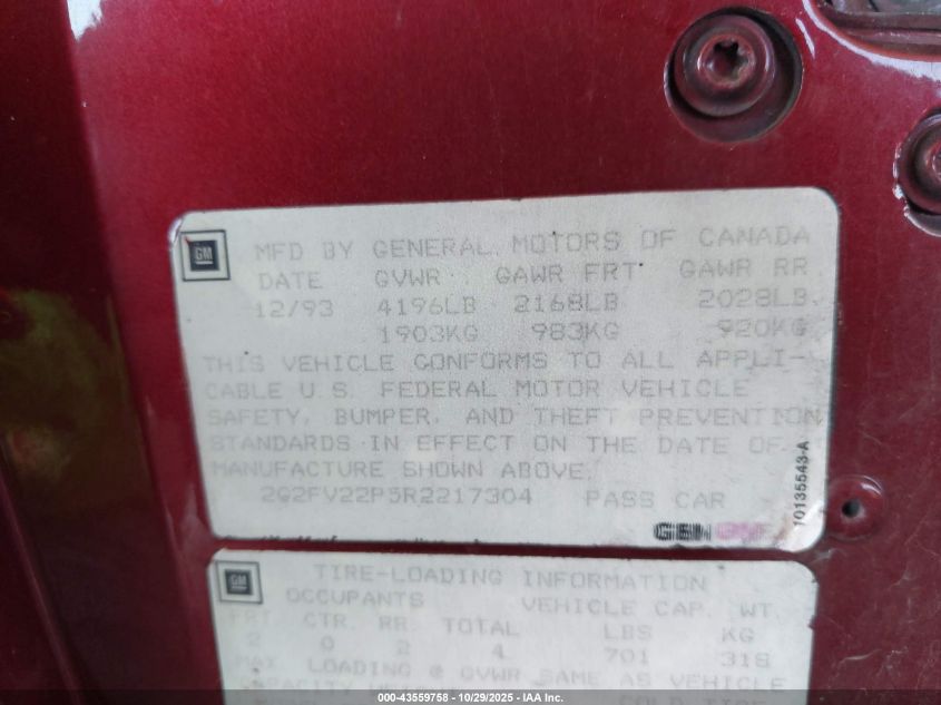 1994 Pontiac Firebird Formula/Trans Am/Gt VIN: 2G2FV22P5R2217304 Lot: 43559758