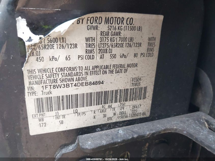 2013 Ford F-350 Lariat VIN: 1FT8W3BT4DEB84894 Lot: 43559761