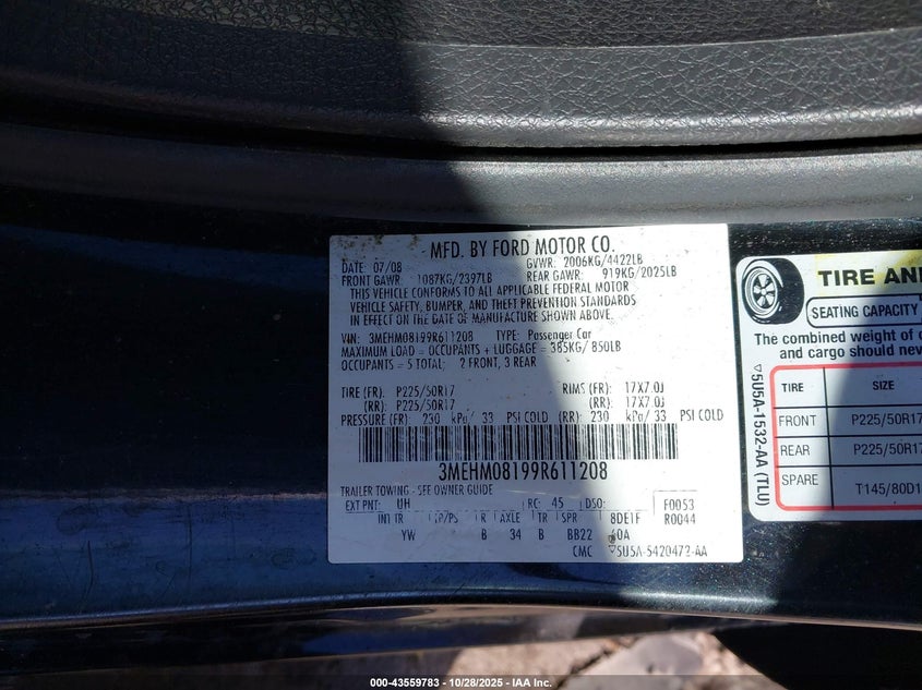 2009 Mercury Milan V6 Premier VIN: 3MEHM08199R611208 Lot: 43559783