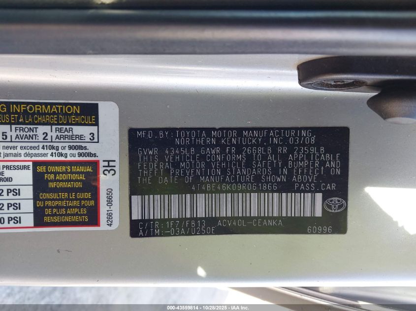 2009 Toyota Camry Le VIN: 4T4BE46K09R061866 Lot: 43559814