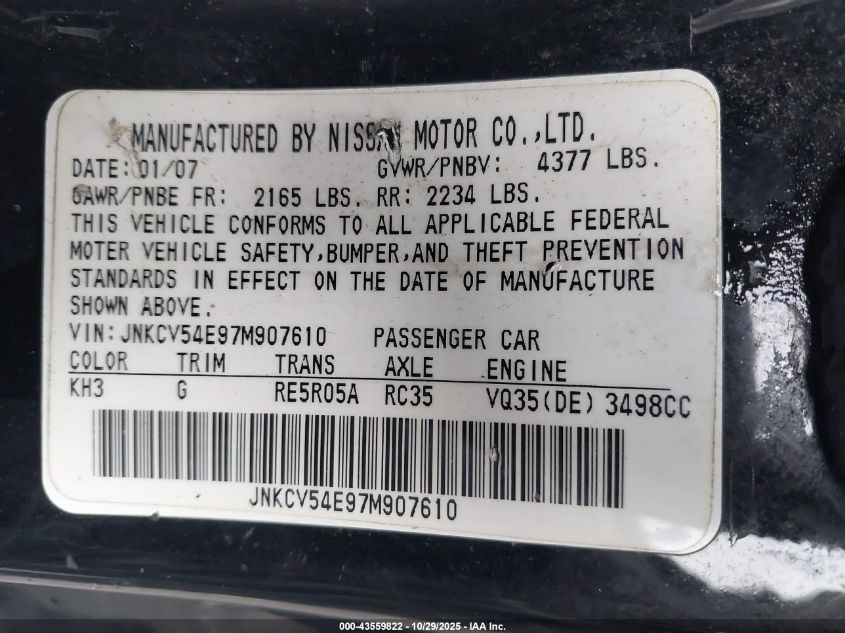 2007 Infiniti G35 VIN: JNKCV54E97M907610 Lot: 43559822