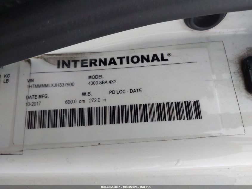 2018 International Durastar 4300 VIN: 1HTMMMMLXJH337900 Lot: 43559837