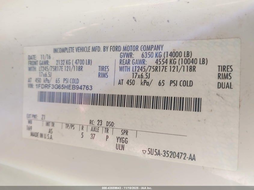 2017 Ford F-350 Chassis Xl VIN: 1FDRF3G65HEB94763 Lot: 43559843
