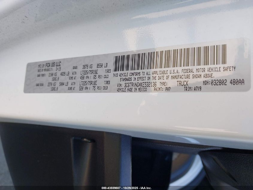 2019 Ram Promaster 1500 Low Roof 118 Wb VIN: 3C6TRVNGXKE532136 Lot: 43559887