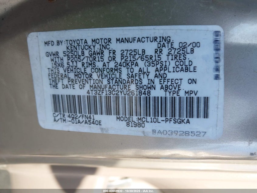 2000 Toyota Sienna Le VIN: 4T3ZF13C2YU261848 Lot: 43559930