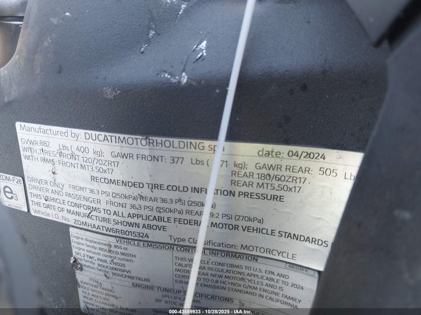 2024 Ducati Panigale V2 VIN: ZDMHAATW6RB015324 Lot: 43559933