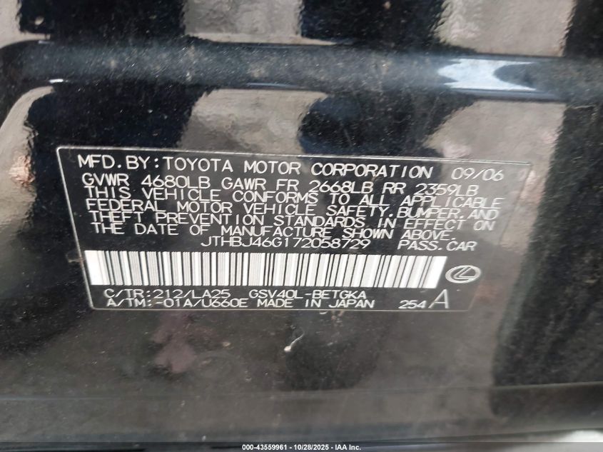 2007 Lexus Es 350 VIN: JTHBJ46G172058729 Lot: 43559961