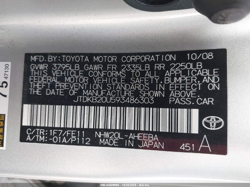 2009 Toyota Prius VIN: JTDKB20U593486303 Lot: 43559966