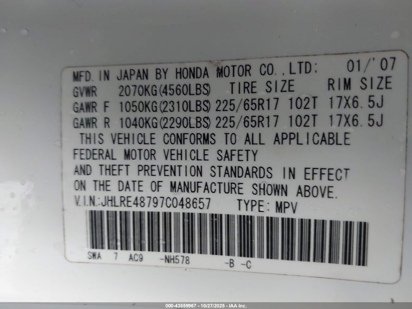 2007 Honda Cr-V Ex-L VIN: JHLRE48797C048657 Lot: 43559967