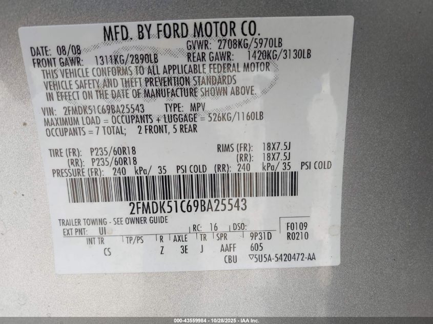 2009 Ford Flex Se VIN: 2FMDK51C69BA25543 Lot: 43559984