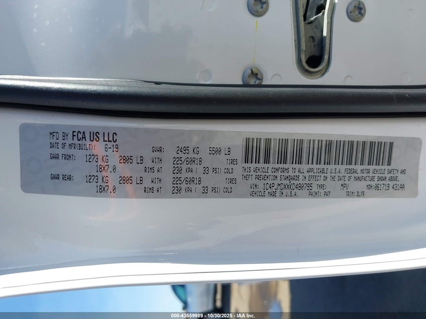 2019 Jeep Cherokee Limited 4X4 VIN: 1C4PJMDXXKD480795 Lot: 43559989