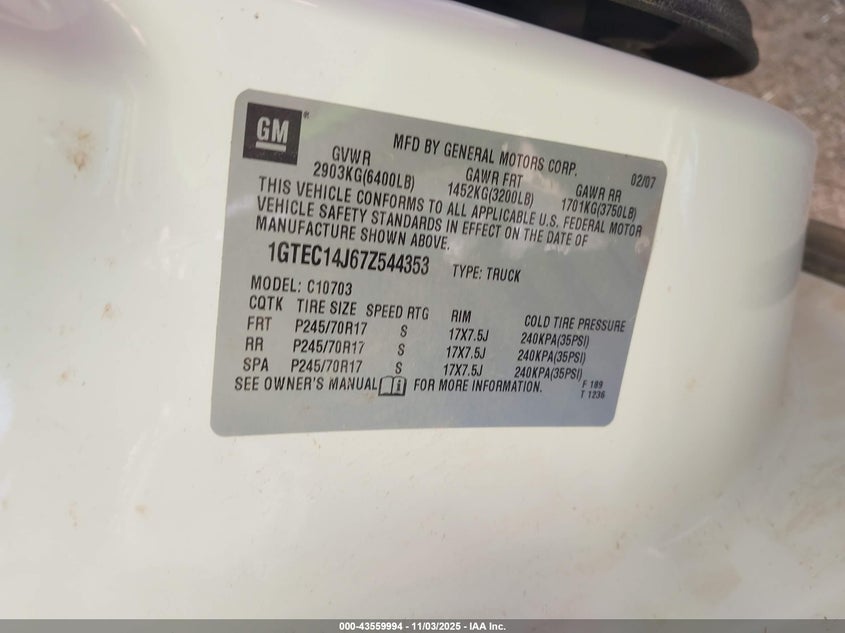 2007 GMC Sierra 1500 Sle1 VIN: 1GTEC14J67Z544353 Lot: 43559994