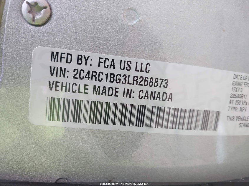 2020 Chrysler Pacifica Touring L VIN: 2C4RC1BG3LR268873 Lot: 43560021