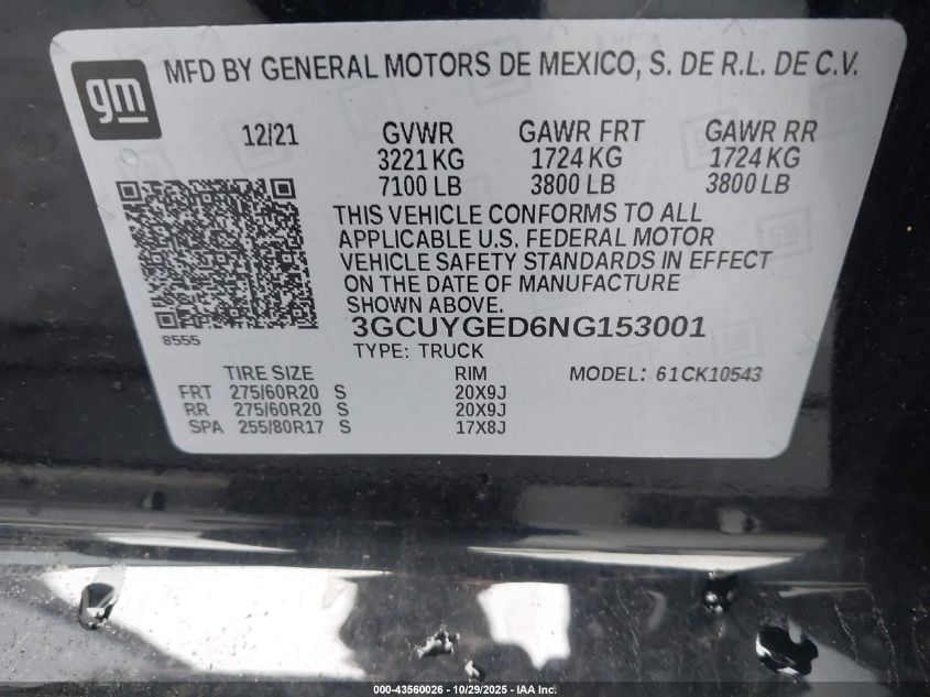 2022 Chevrolet Silverado Ltd K1500 Ltz VIN: 3GCUYGED6NG153001 Lot: 43560026