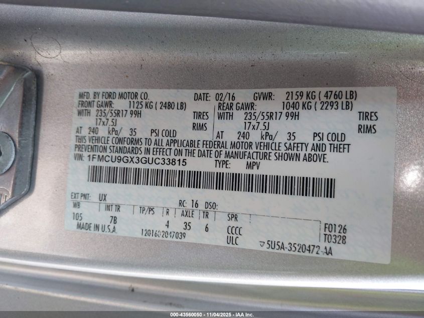 2016 Ford Escape Se VIN: 1FMCU9GX3GUC33815 Lot: 43560050