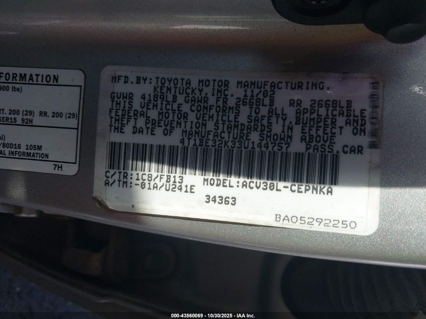 2003 Toyota Camry Le VIN: 4T1BE32K33U144757 Lot: 43560069