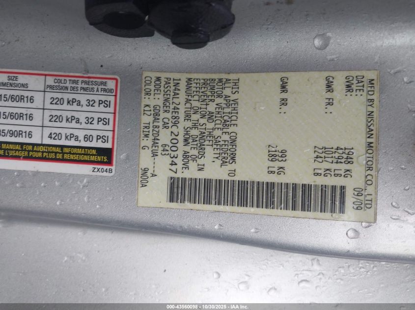2009 Nissan Altima 2.5 S VIN: 1N4AL24E89C200347 Lot: 43560098
