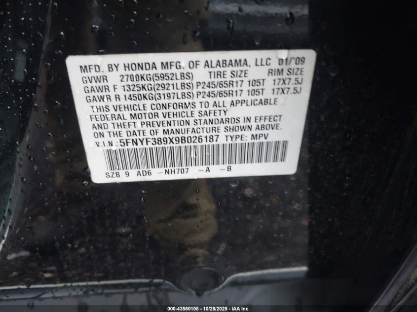 2009 Honda Pilot Touring VIN: 5FNYF389X9B026187 Lot: 43560108