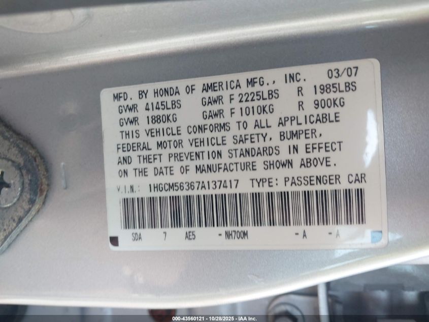 2007 Honda Accord 2.4 Se VIN: 1HGCM56367A137417 Lot: 43560121
