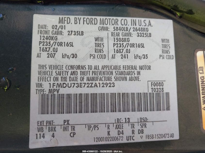 2002 Ford Explorer Xlt VIN: 1FMDU73E72ZA12923 Lot: 43560122
