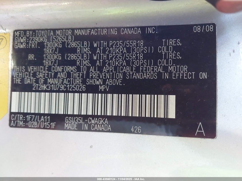 2009 Lexus Rx 350 VIN: 2T2HK31U79C125026 Lot: 43560124