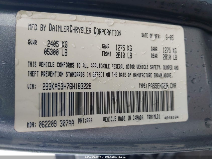 2006 Dodge Charger Rt VIN: 2B3KA53H76H183228 Lot: 43560125