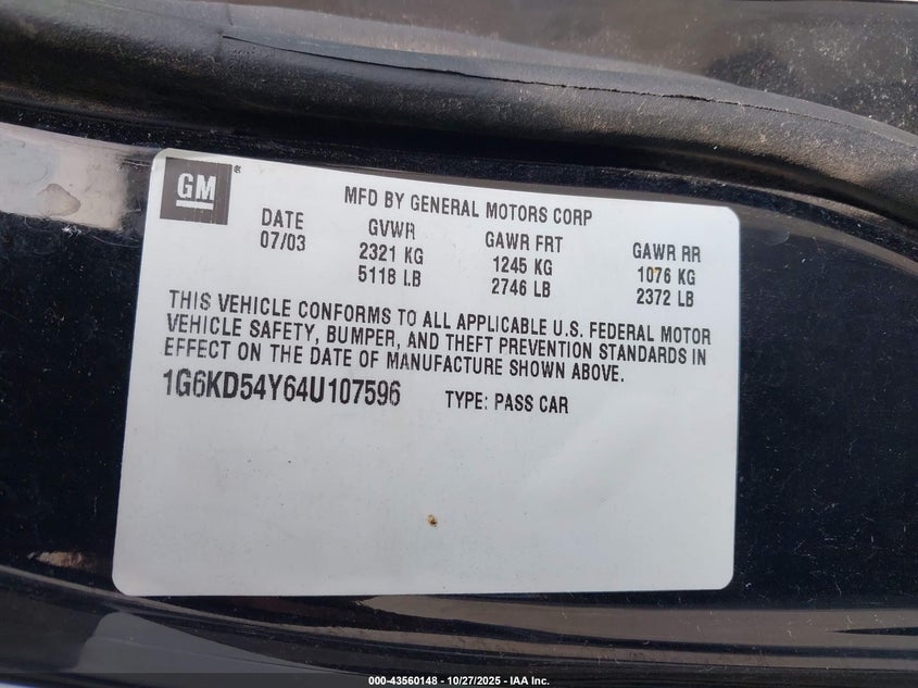 2004 Cadillac Deville Standard VIN: 1G6KD54Y64U107596 Lot: 43560148