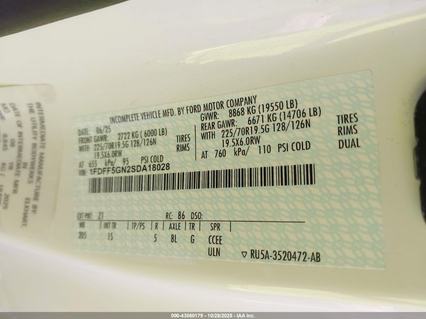 2025 Ford F-550 Chassis VIN: 1FDFF5GN2SDA18028 Lot: 43560179