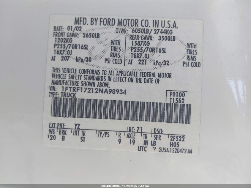 2002 Ford F-150 Xl/Xlt VIN: 1FTRF17212NA98934 Lot: 43560186