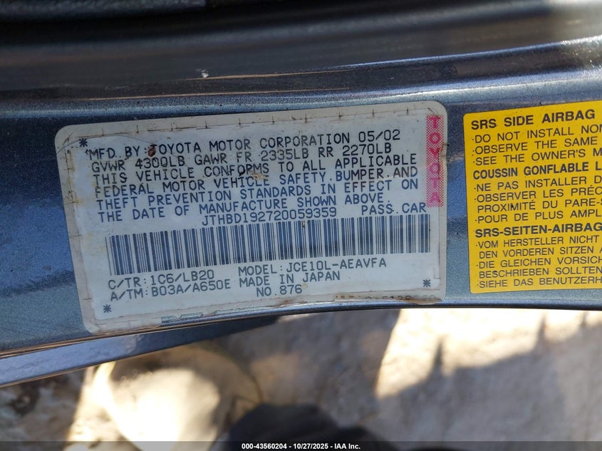 2002 Lexus Is 300 VIN: JTHBD192720059359 Lot: 43560204