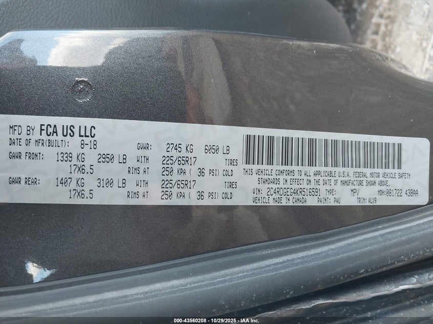 2019 Dodge Grand Caravan Gt VIN: 2C4RDGEG4KR516591 Lot: 43560208