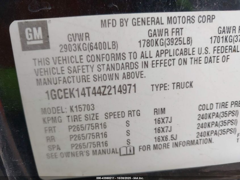 2004 Chevrolet Silverado 1500 Z71 VIN: 1GCEK14T44Z214971 Lot: 43560211