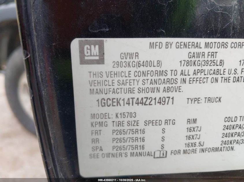 2004 Chevrolet Silverado 1500 Z71 VIN: 1GCEK14T44Z214971 Lot: 43560211