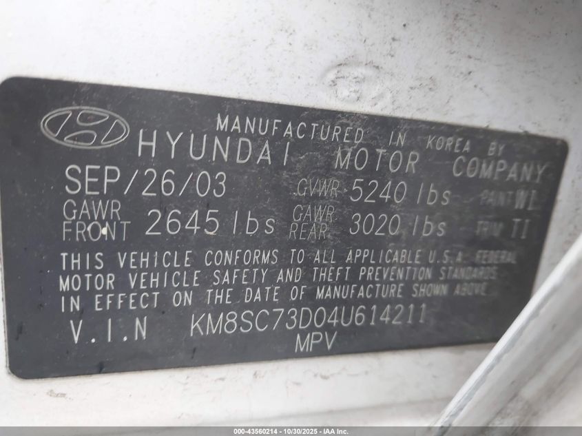 2004 Hyundai Santa Fe Gls VIN: KM8SC73D04U614211 Lot: 43560214