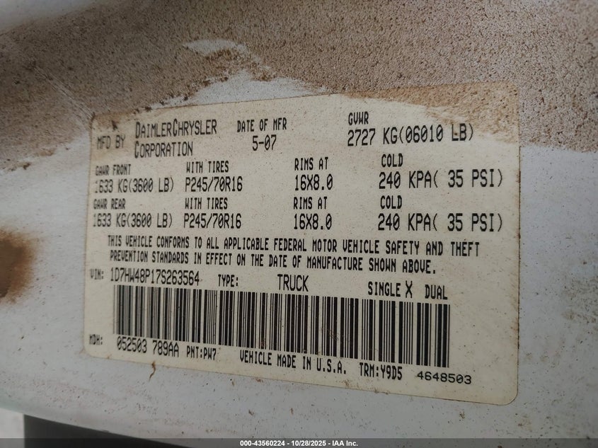 2007 Dodge Dakota Slt VIN: 1D7HW48P17S263564 Lot: 43560224