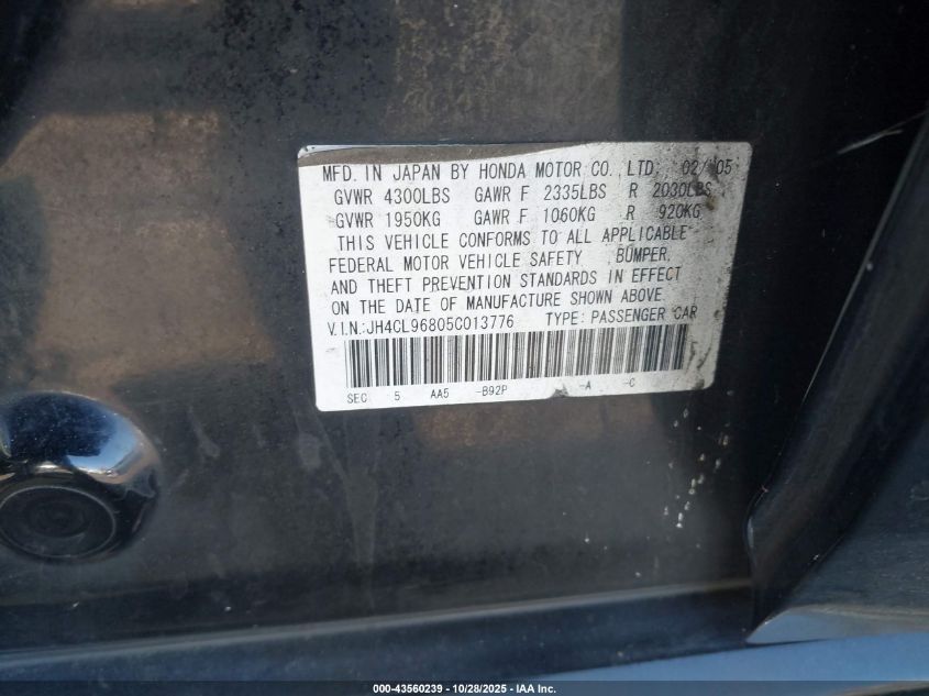 2005 Acura Tsx VIN: JH4CL96805C013776 Lot: 43560239