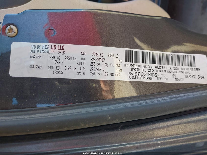 2016 Dodge Grand Caravan Sxt VIN: 2C4RDGCG4GR313520 Lot: 43560242