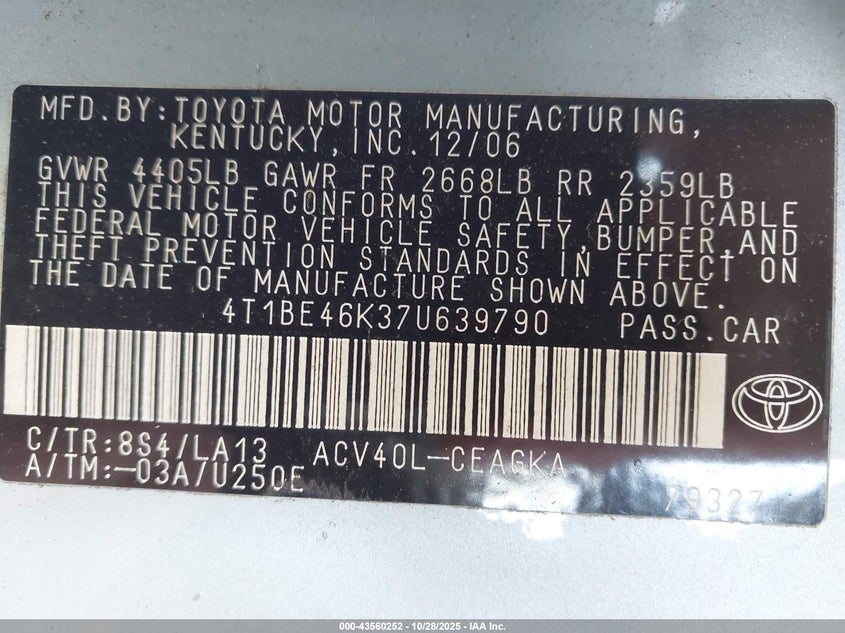 4T1BE46K37U639790 2007 TOYOTA CAMRY photo no. 9