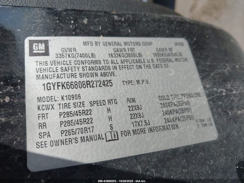 2008 Cadillac Escalade Esv Standard VIN: 1GYFK66808R272425 Lot: 43560253