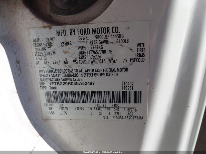 2008 Ford F-250 Lariat/Xl/Xlt VIN: 1FTSX20R08EA52497 Lot: 43560266