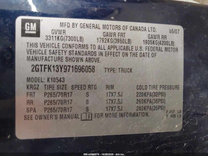 2007 GMC Sierra 1500 Sle1 VIN: 2GTFK13Y971696058 Lot: 43560278